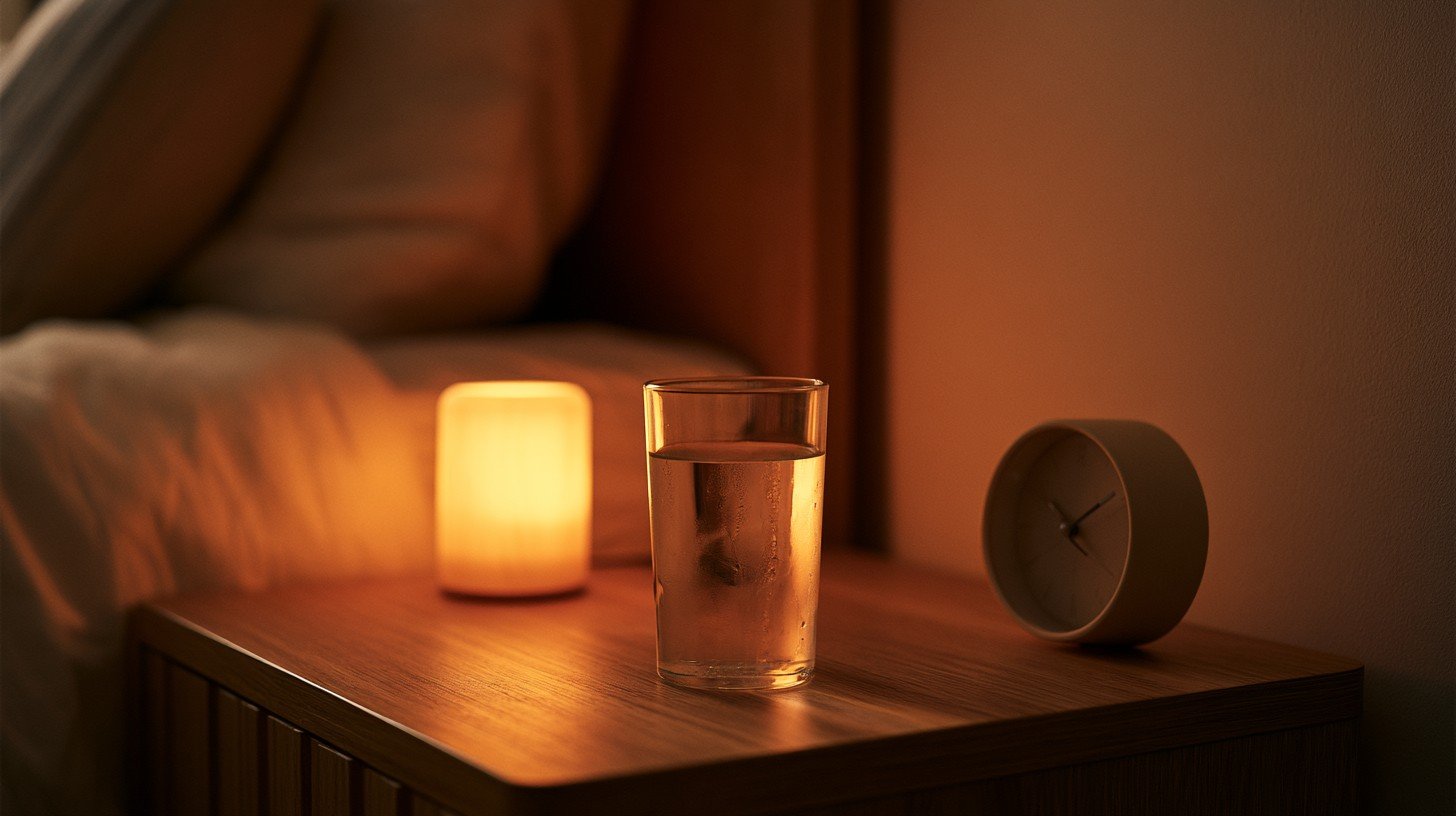 Softly lit bedside table with a glass of water and a dim lamp but no screen showing the calm wind-down environment that supports an evening routine for better sleep with joint pain.