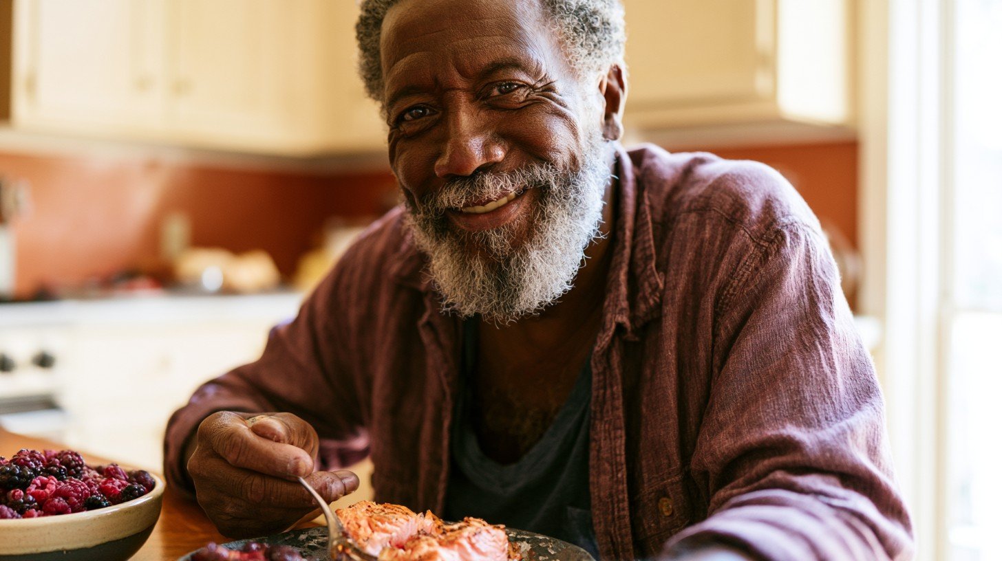 Adult man over 55 eating salmon and berries at a kitchen table showing the two most research-supported food categories on a grocery list for joint health.
