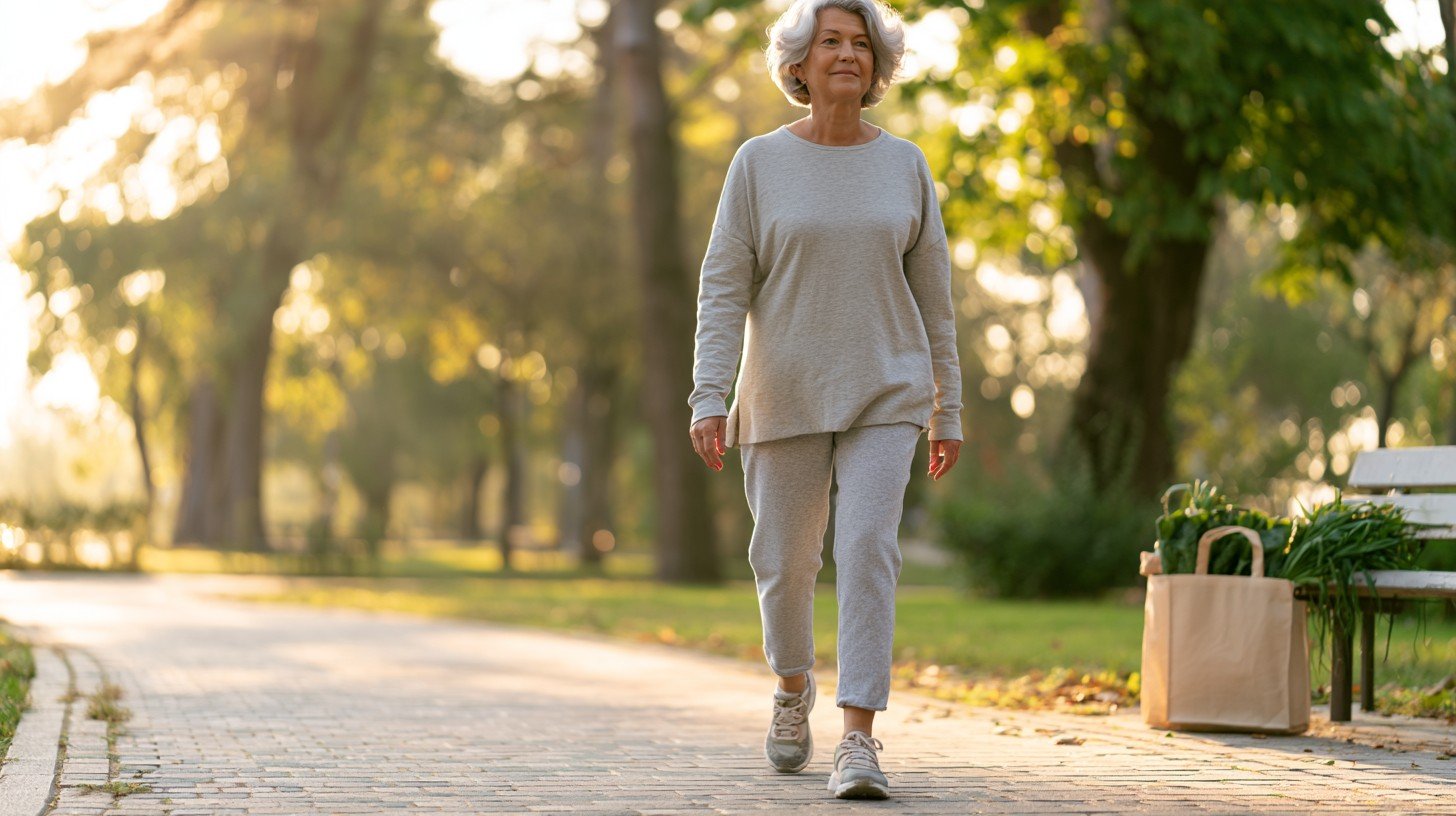 Adult woman over 55 walking on a park path with a grocery bag visible showing how a grocery list for joint health connects daily food choices to walking capability.