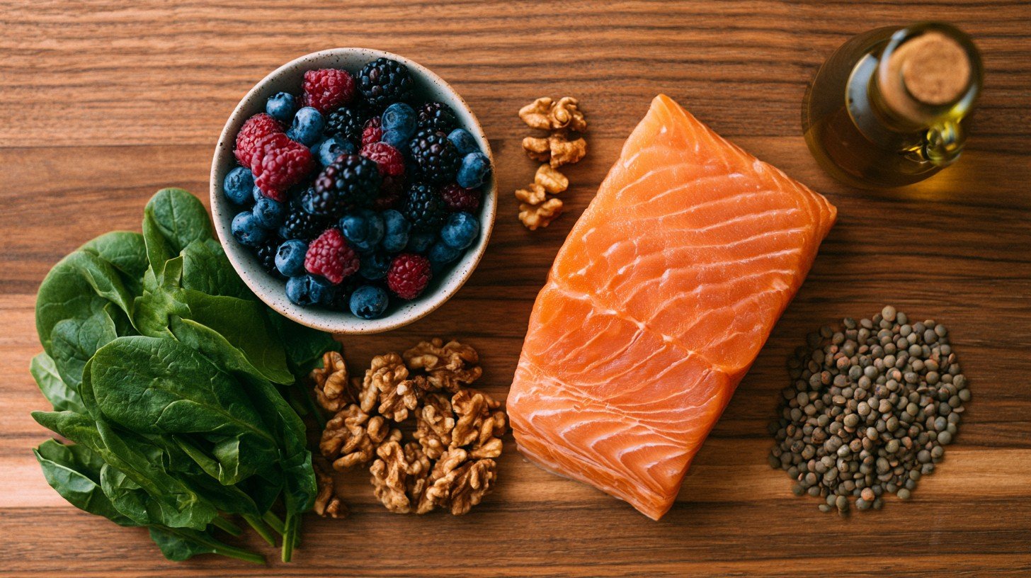 Flat-lay of six joint-health foods including salmon, berries, walnuts, leafy greens, olive oil, and lentils representing the key items on a grocery list for joint health.