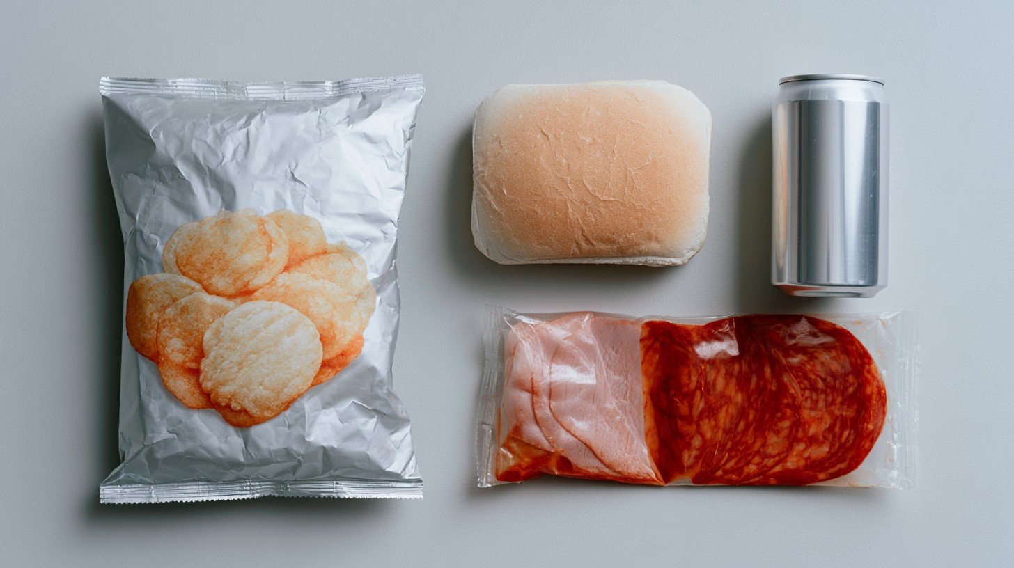 Four ultra-processed food items including chips, white bread, soda, and processed meat showing what to limit on a grocery list for joint health to reduce inflammation.