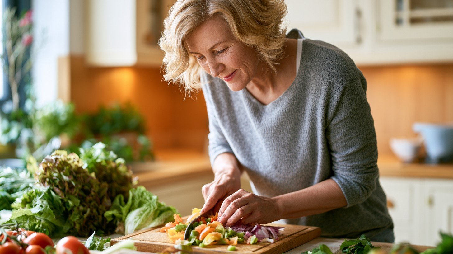 Adult woman over 55 preparing colorful vegetables in a kitchen illustrating how a grocery list for joint health starts with anti-inflammatory whole foods that reduce hs-CRP and IL-6.