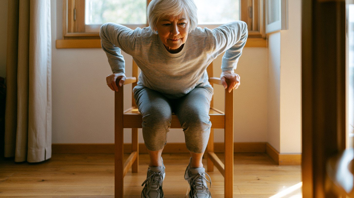 Adult woman over 55 demonstrating the nose-over-toes lean technique as one of five steps for how to get up from a chair with knee pain more easily.
