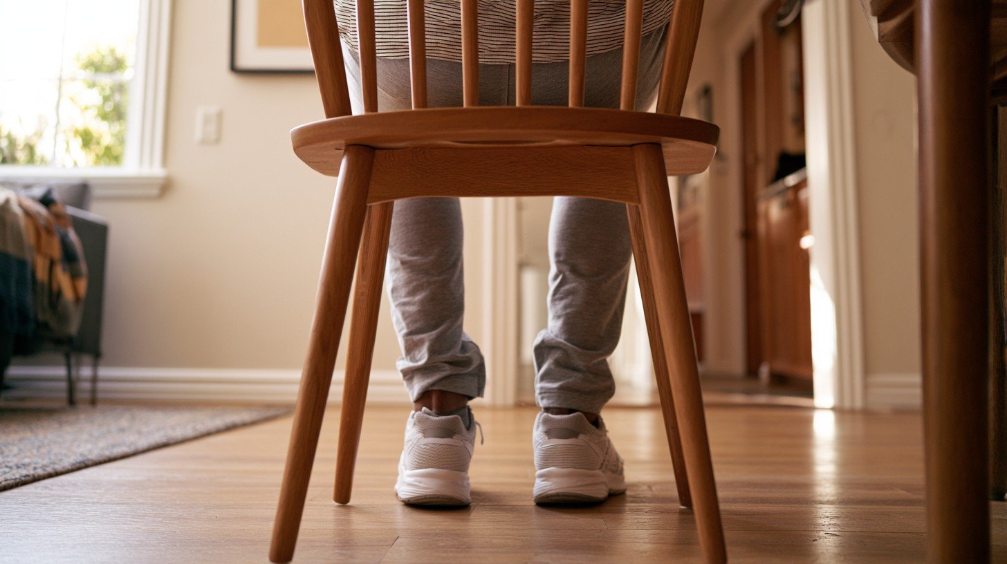 Figure rising from a chair at home in the nose-over-toes position with an open hallway ahead showing how chair rise technique connects to daily walking ability.