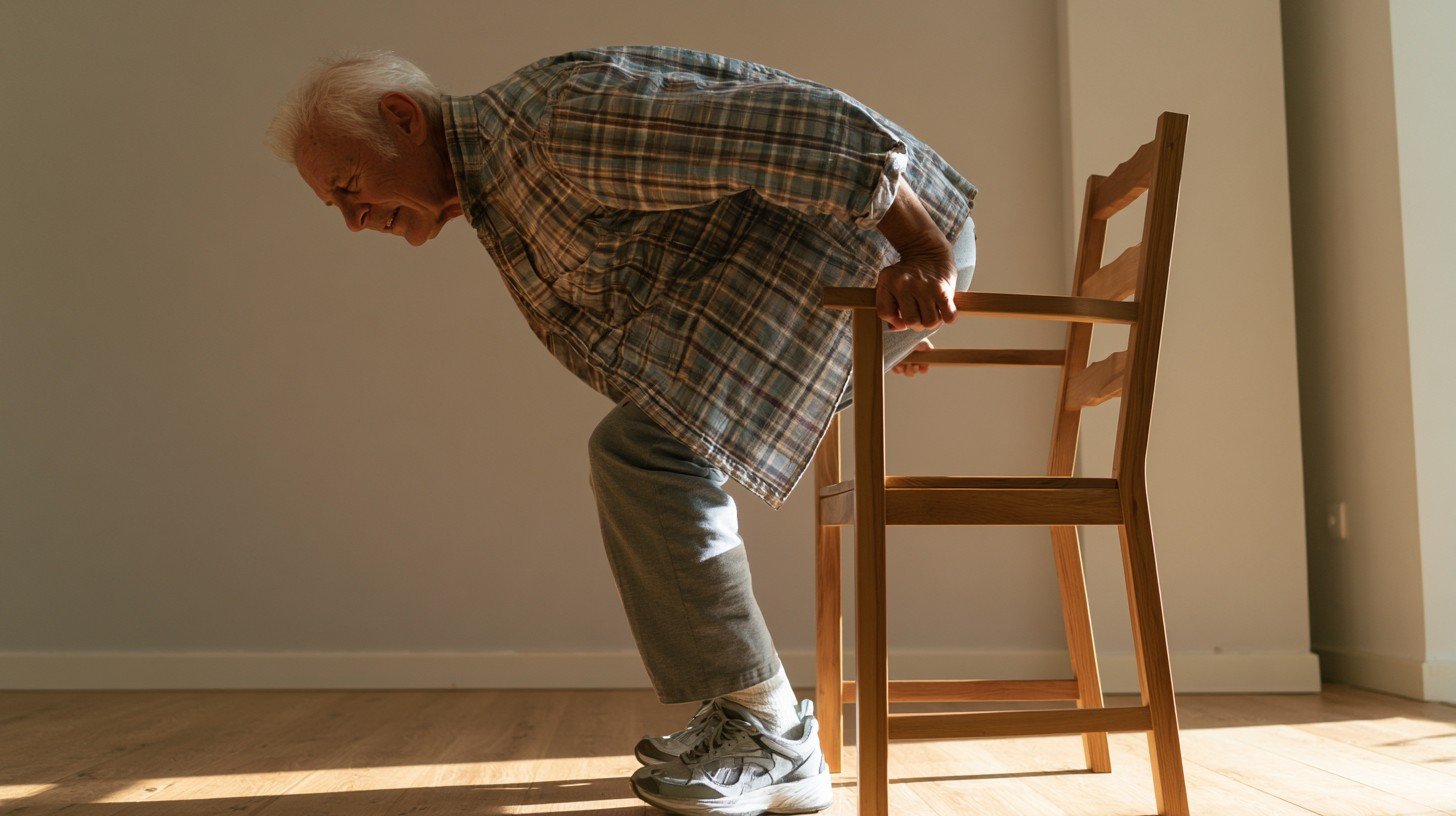 Adult man over 55 struggling to rise from a chair showing why how to get up from a chair with knee pain places higher biomechanical demand on the knee than walking.