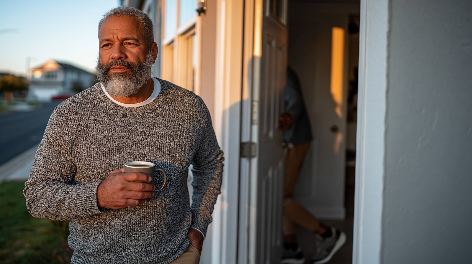 Adult man over 55 stepping outside with his morning coffee to begin a daily walking habit for managing bad knees.
