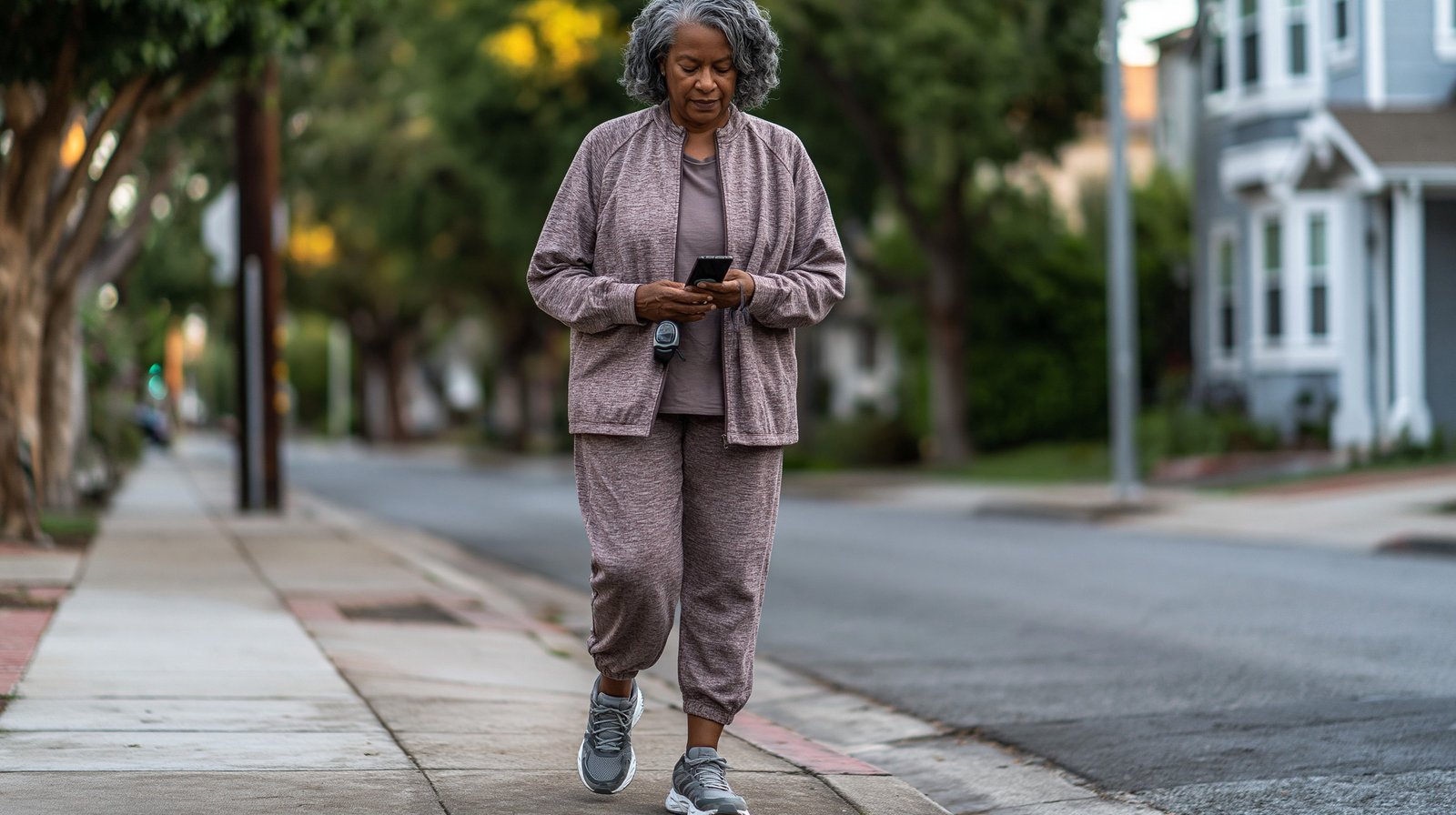 Adult woman over 55 checking her step count while walking, illustrating how to walk with bad knees and track daily progress.
