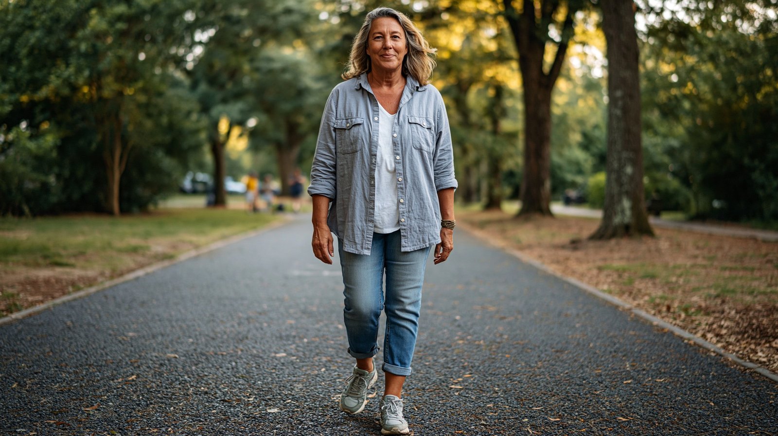 Adult woman over 55 walking comfortably on a park path showing how to walk with bad knees safely and without aggravating pain.