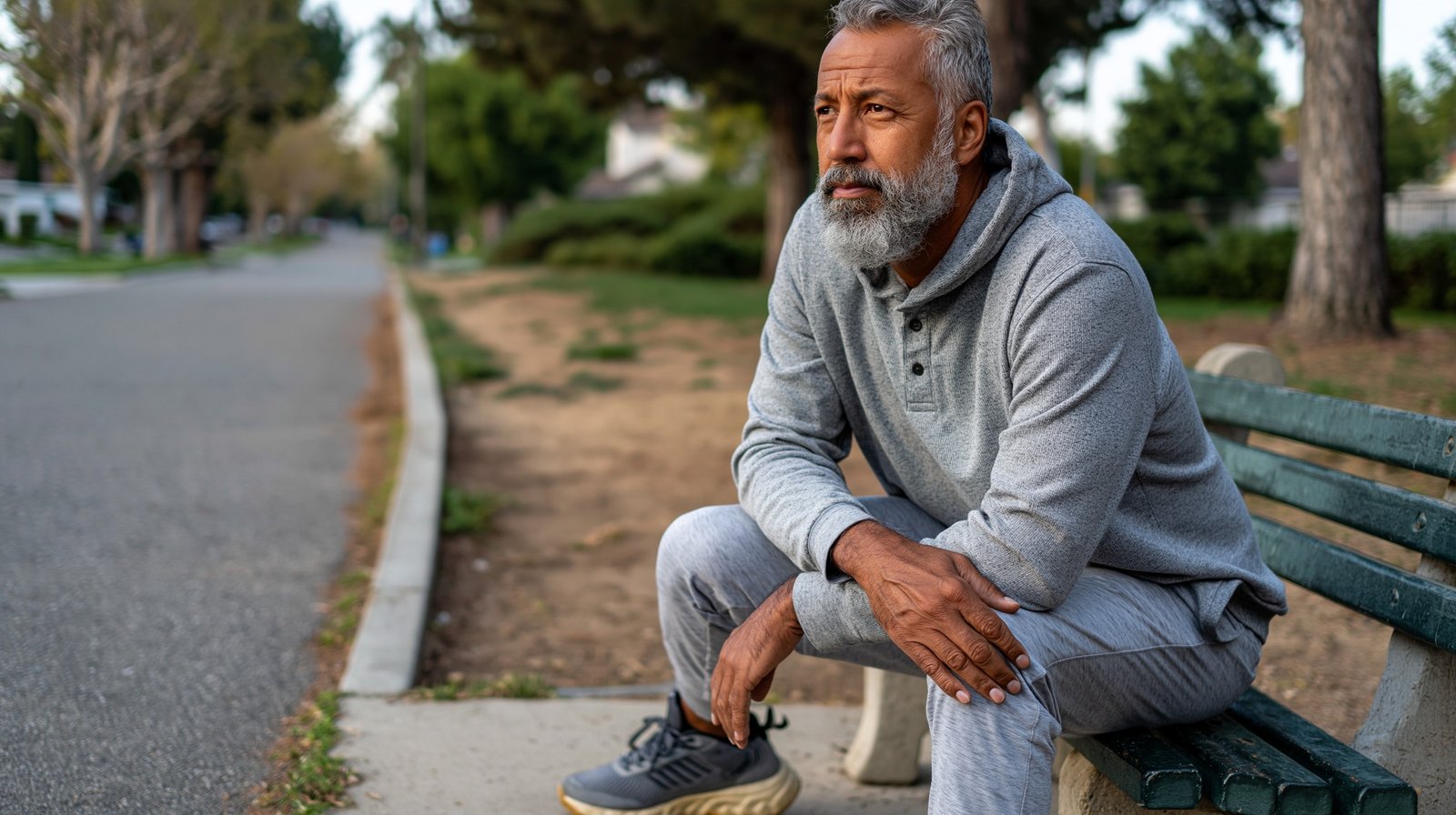 Adult man over 55 sitting at the start of a walking path considering the right approach for walking with bad knees.