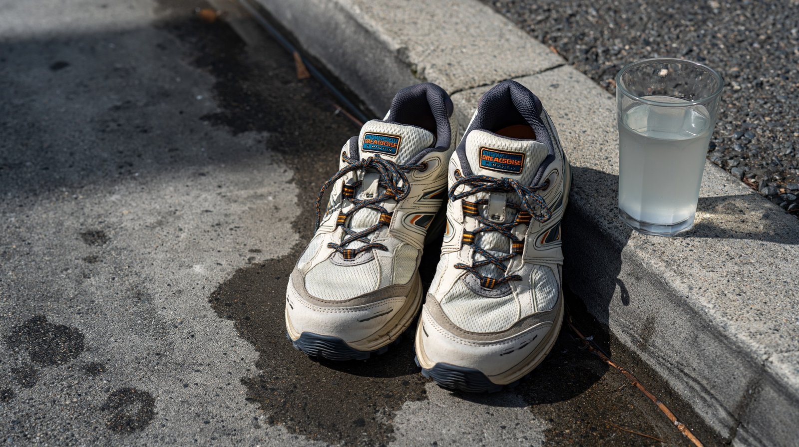 Walking shoes and a glass of water on a path representing the preparation steps before walking with bad knees.