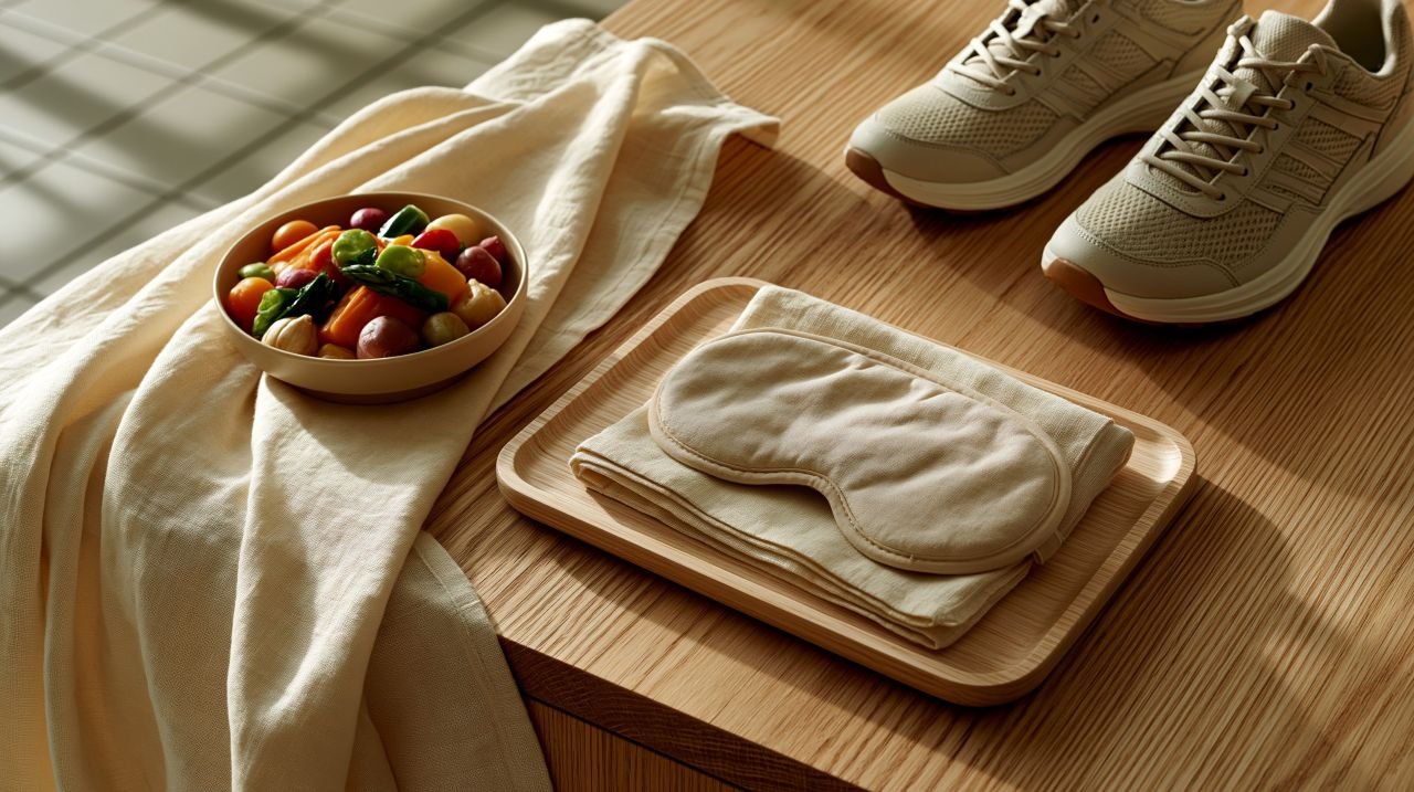 Three objects representing the Sleep, Meals, and Movement pillars of the approach to inflammation and sleep quality over 55 for adults managing joint pain.