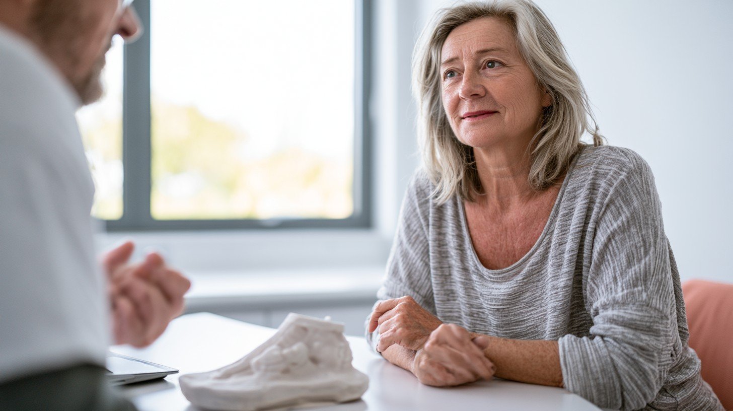 Adult woman over 55 in a consultation with a healthcare professional about custom orthotics showing the professional assessment required for custom insoles for knee pain.