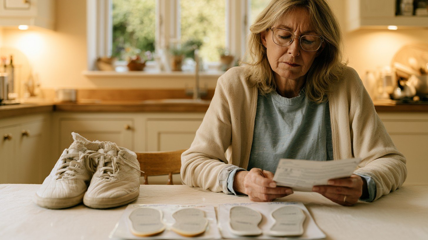 Adult woman over 55 at a kitchen table examining shoe insoles showing the common experience of trying insoles for knee pain without getting the expected relief.