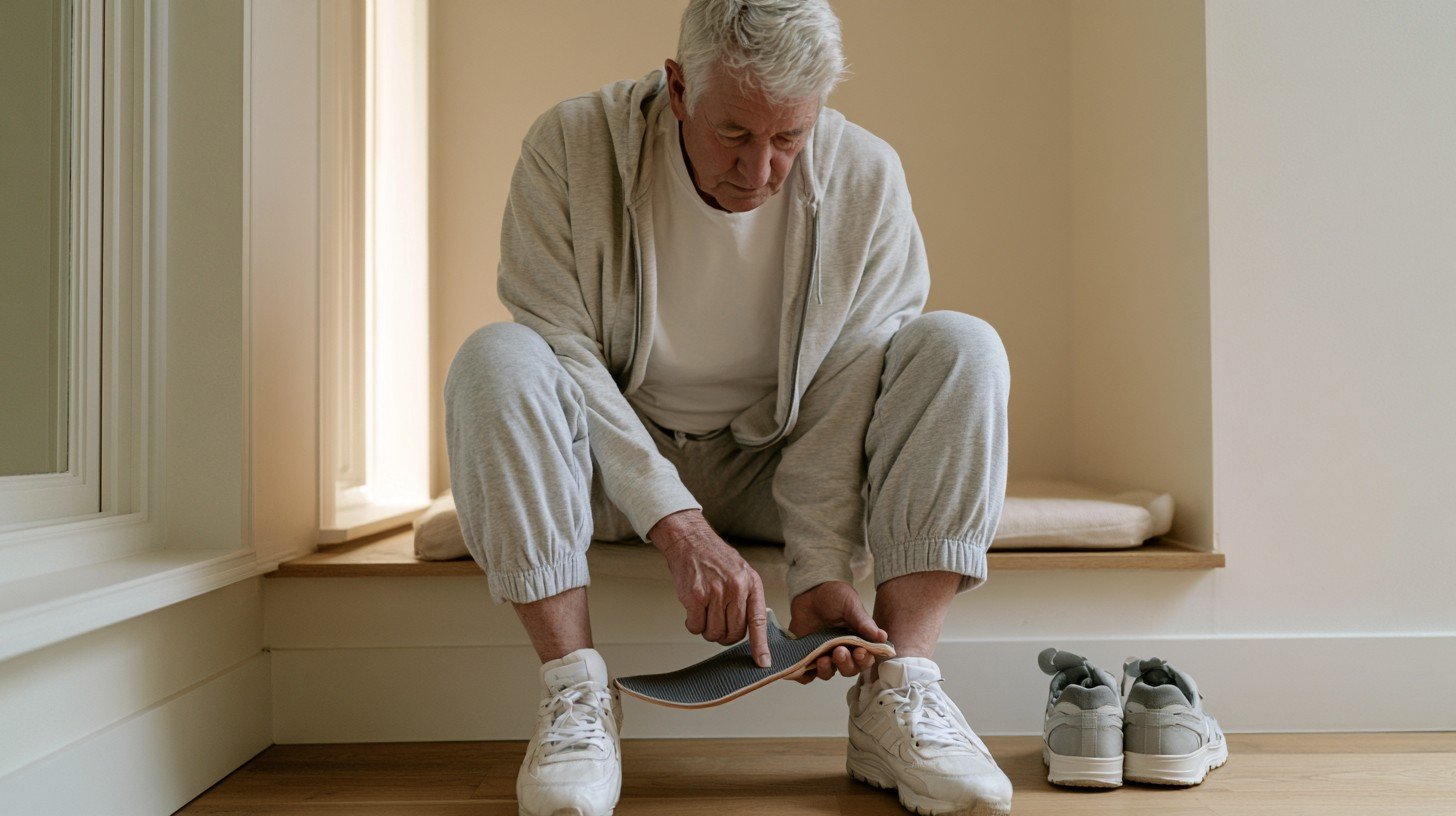 Adult man over 55 testing the arch support of a full-length insole showing the key features that research supports for insoles for knee pain.