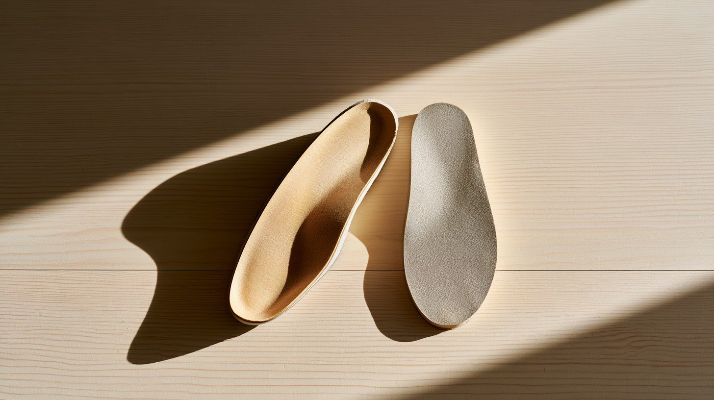 Two shoe insoles side by side showing the difference between a lateral wedge insole and a neutral insole illustrating why wedge insoles for knee pain do not reliably outperform neutral options.