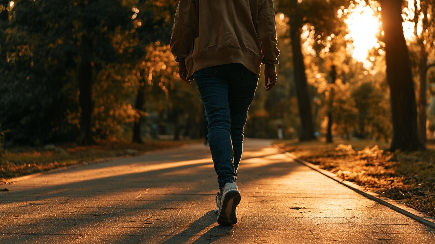 Figure walking steadily on a park path from behind showing that consistent walking habit and proper technique matter more than any insole feature for adults managing knee pain.