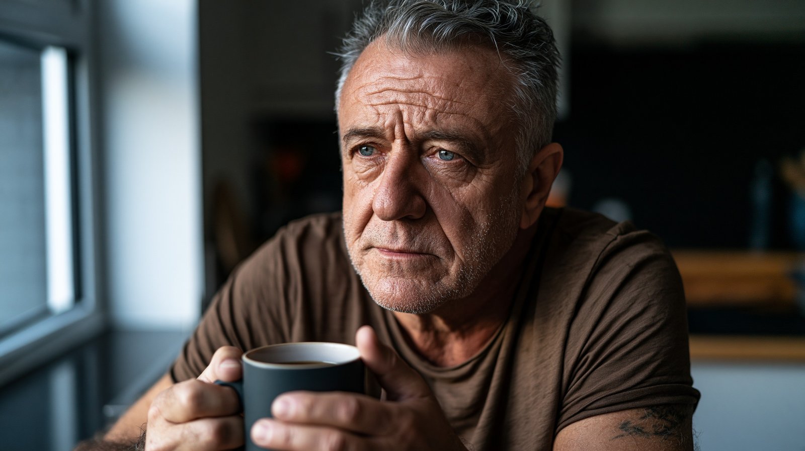 Adult man over 55 sitting in the kitchen after a poor night showing how sleep and knee pain over 55 are connected in a documented cycle.