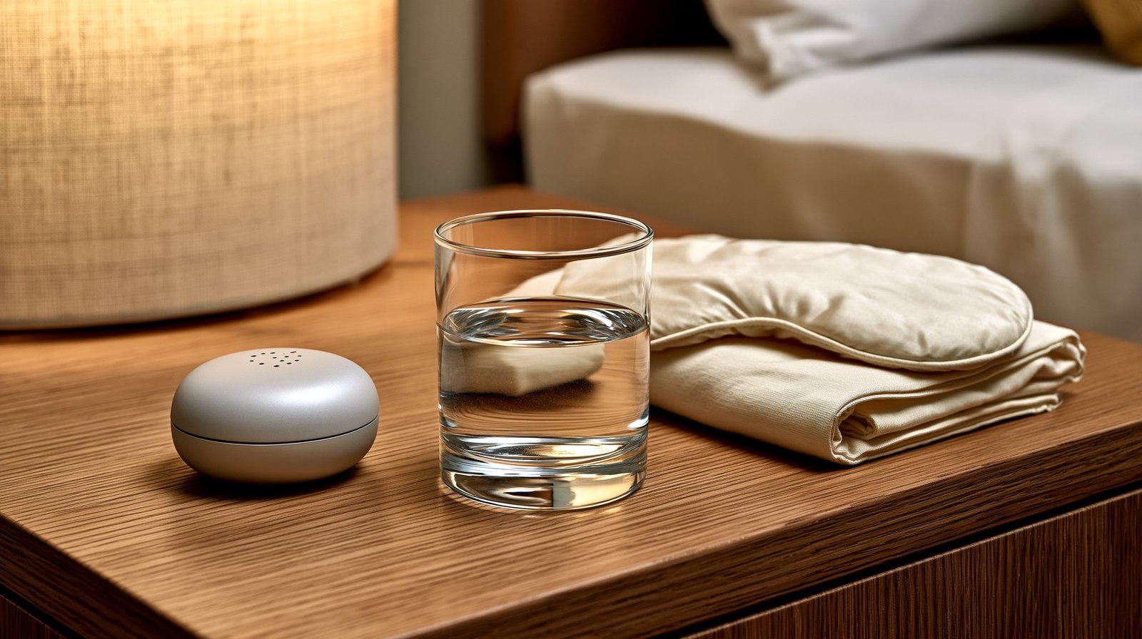 Bedroom nightstand with a glass of water, white noise device, and sleep mask representing intentional sleep preparation for adults managing knee pain.