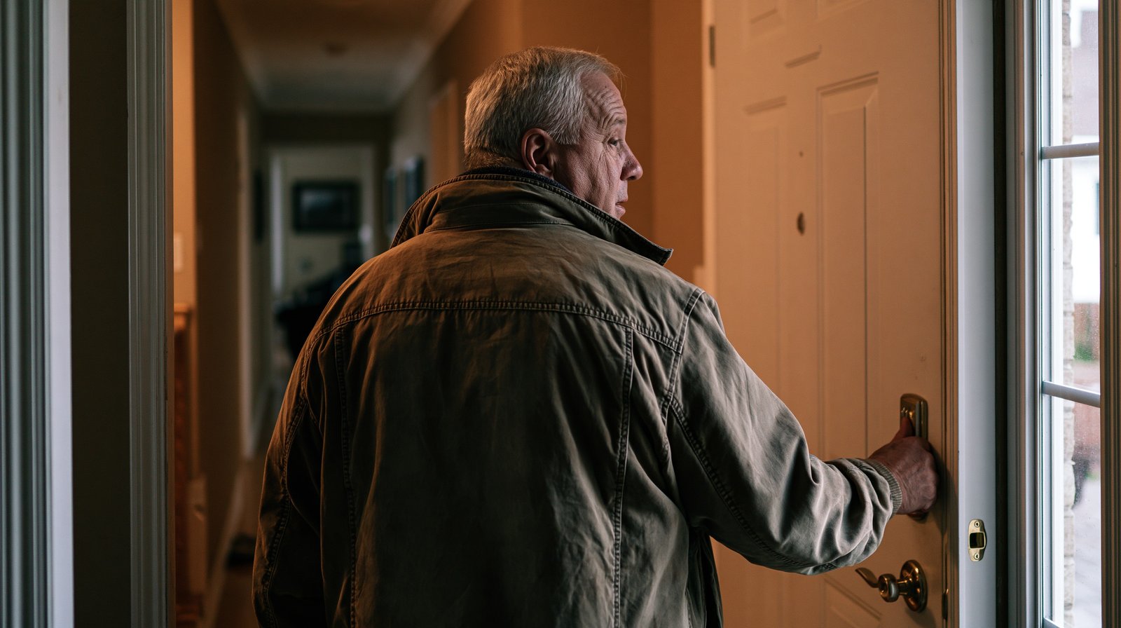 Adult man over 55 viewed from behind at his front door about to begin a morning walk after a good night of sleep.