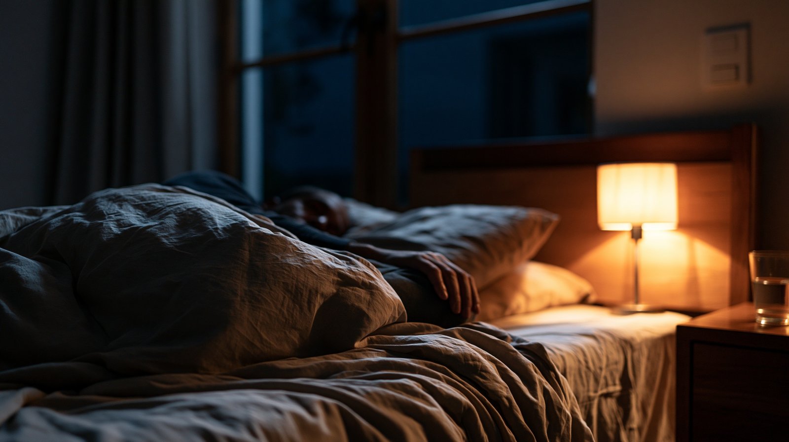 Adult woman over 55 lying awake at night with knee pain, illustrating why sleep and knee pain over 55 disrupt each other.