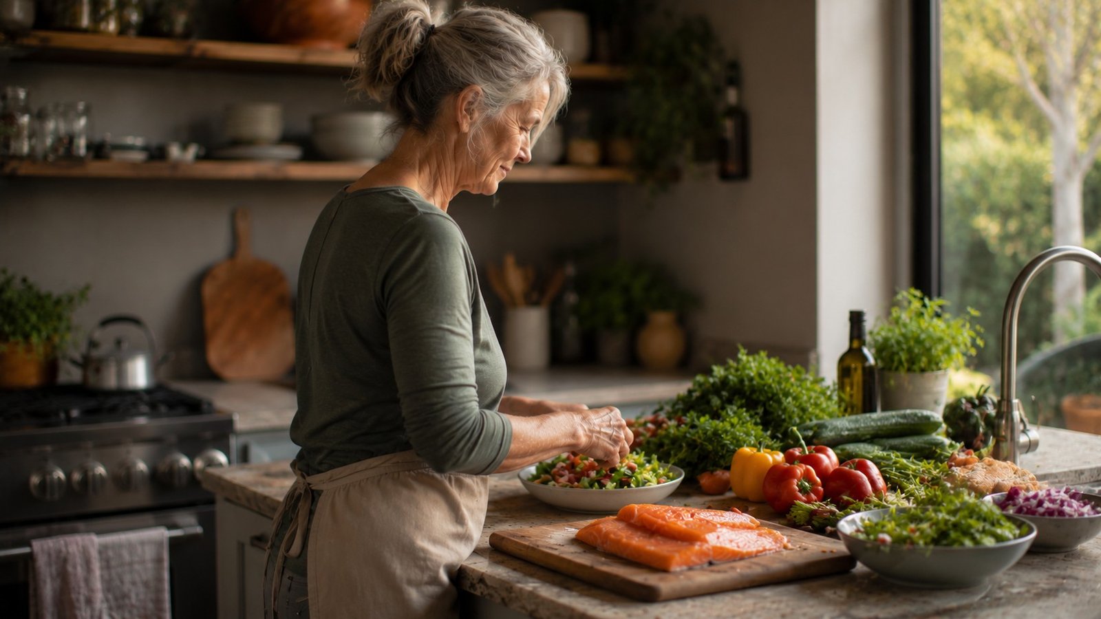 Woman over 55 preparing supportive foods, part of how to keep moving with knee pain over 55