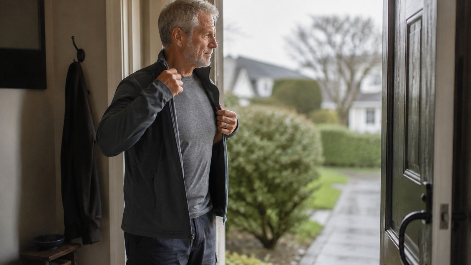 Man over 55 heading out despite a rough morning, the mental side of how to keep moving with knee pain over 55