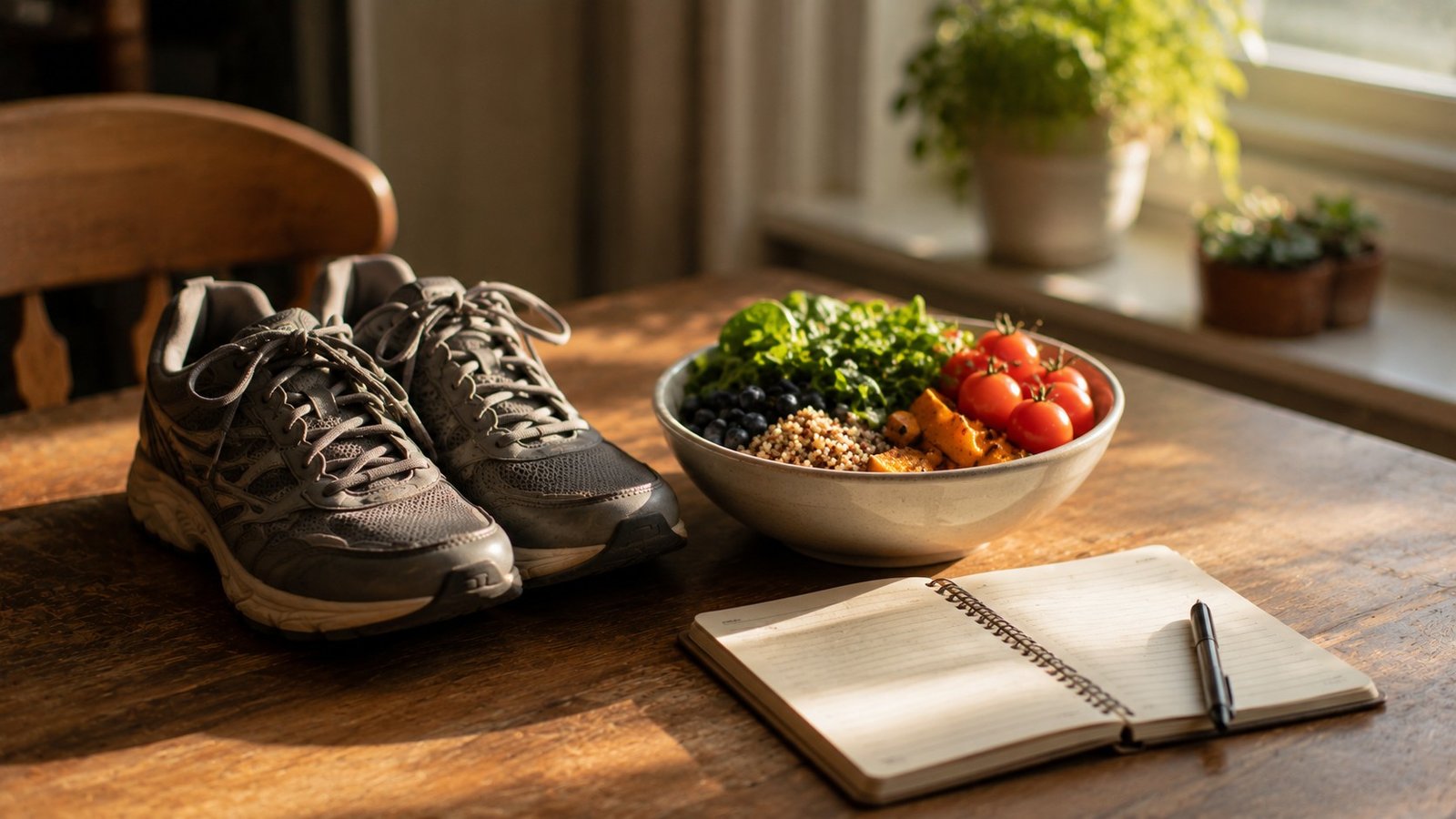 Walking shoes, whole foods, and a notebook together showing how to keep moving with knee pain over 55