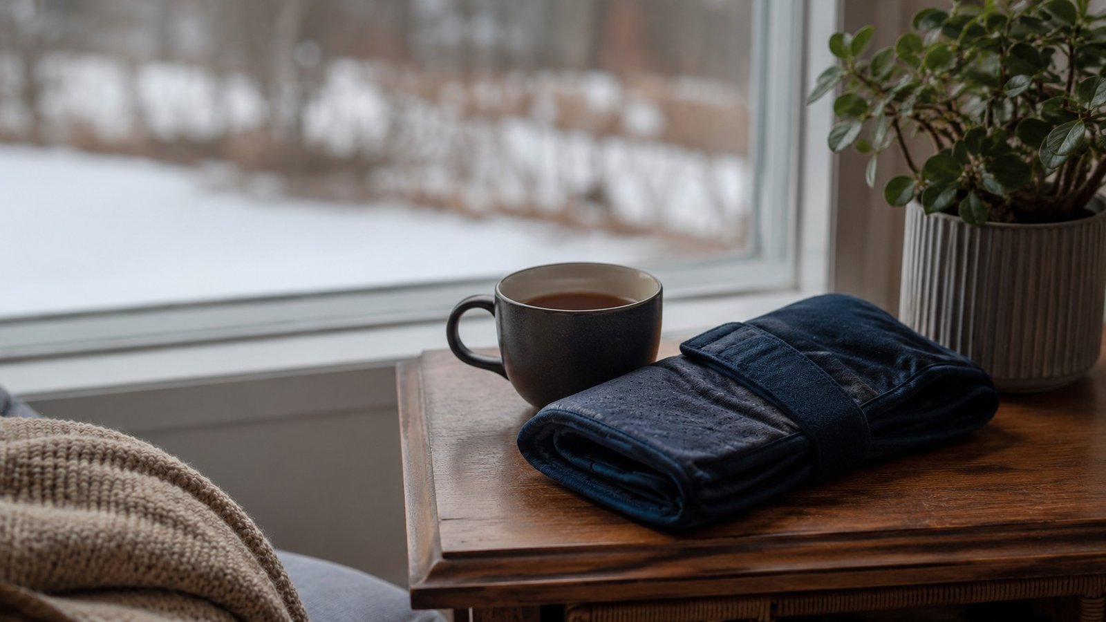 A warm knee wrap and tea by a winter window, knowing when knee pain cold weather exercise tips need a doctor