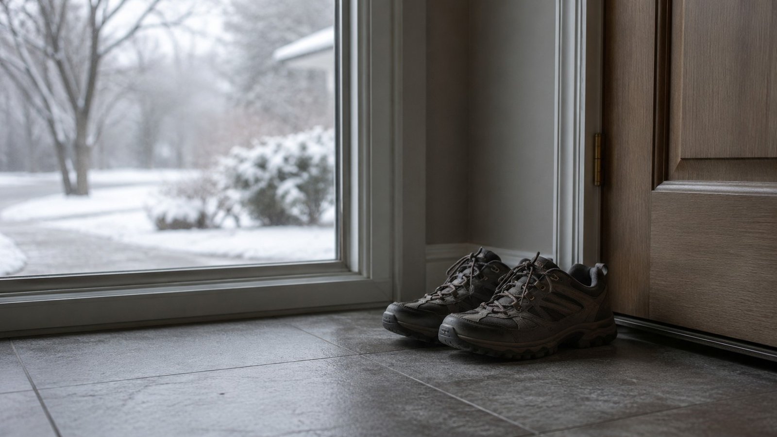 Walking shoes paused by the door in winter, showing why knee pain cold weather exercise tips protect the habit