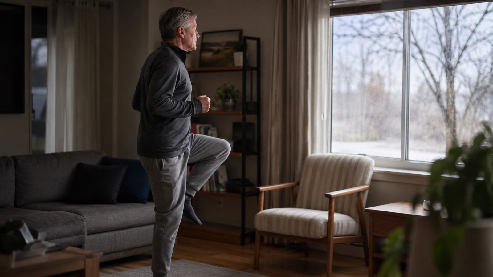 Man over 55 warming up indoors, one of the key knee pain cold weather exercise tips for staying active