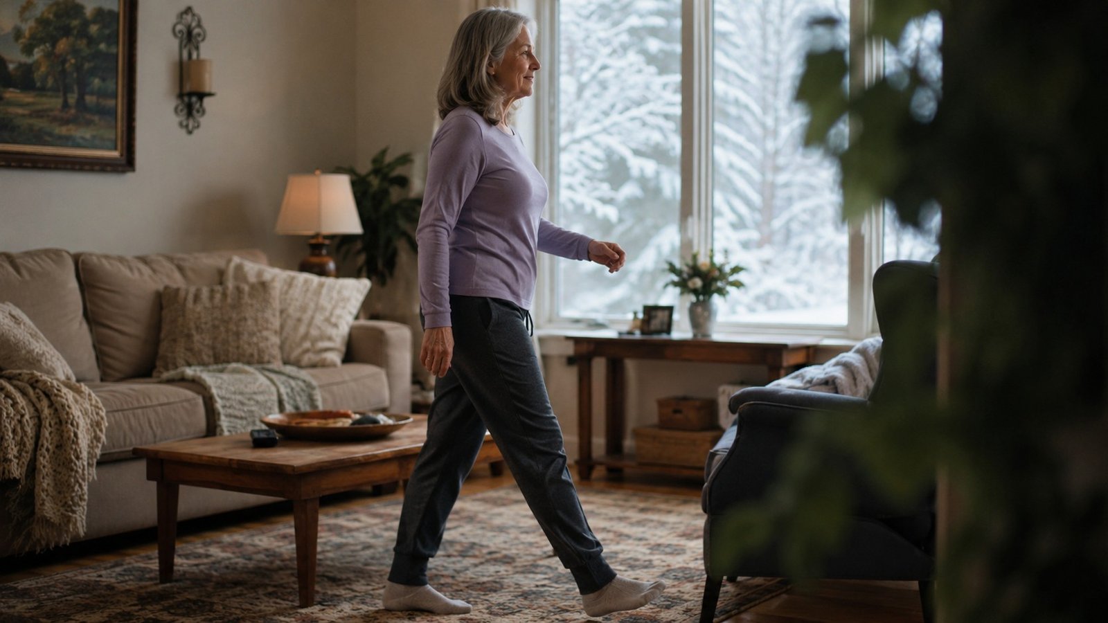 Woman over 55 doing a short indoor walk, a knee pain cold weather exercise tip for the worst days