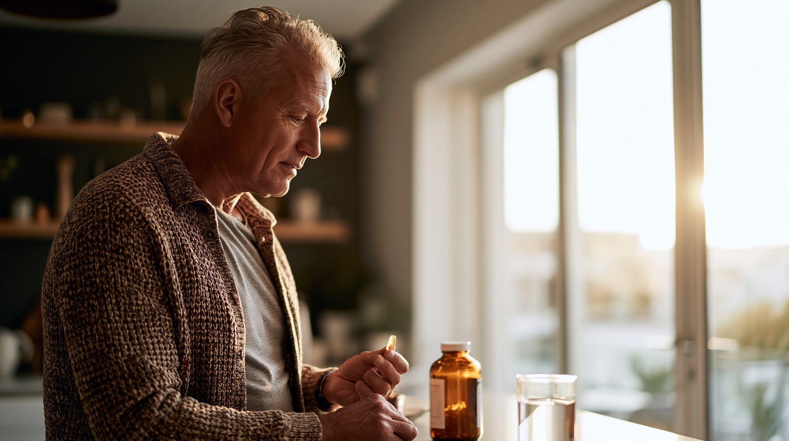 Man over 55 considering a single capsule, reflecting that more omega-3 for joint health over 55 is not better