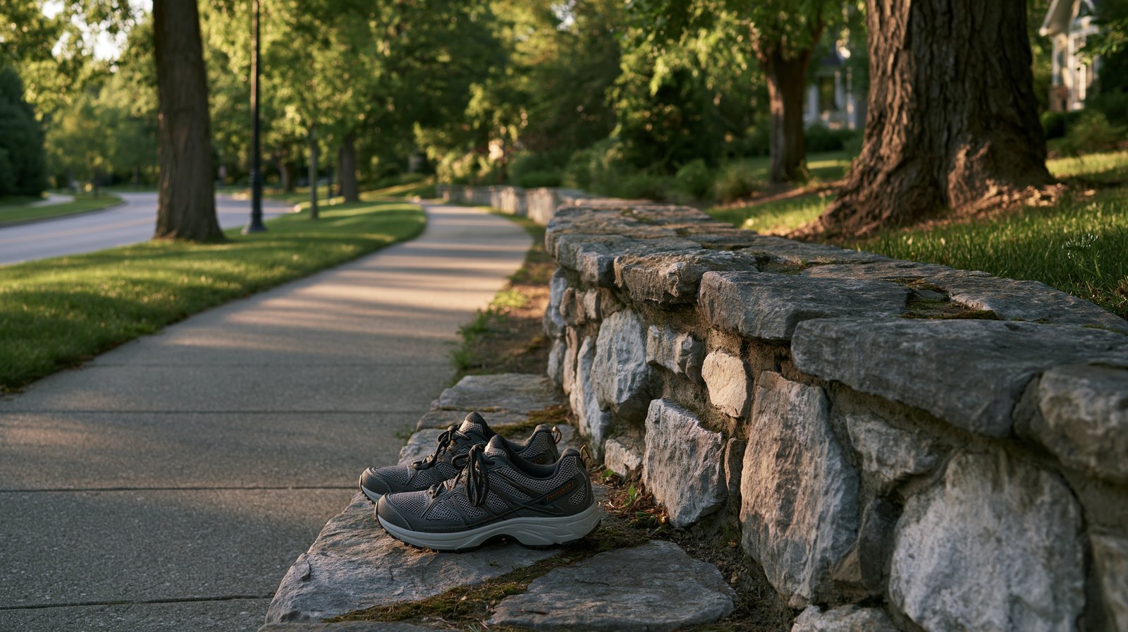 A quiet walking path and walking shoes representing realistic expectations for omega-3 for joint health over 55