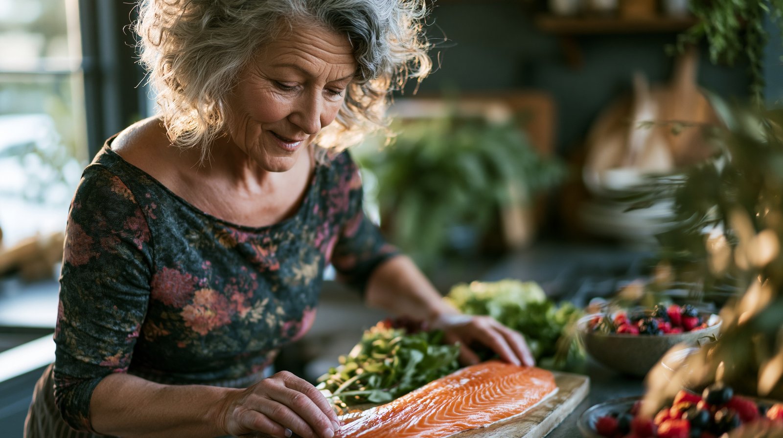 Woman over 55 preparing salmon and vegetables, a food-first source of omega-3 for joint health over 55