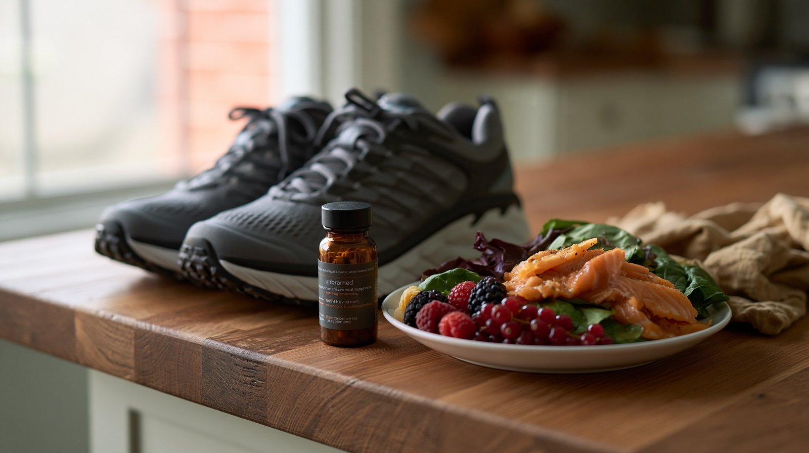 Walking shoes, whole foods, and a supplement bottle showing omega-3 for joint health over 55 as one small part of the picture