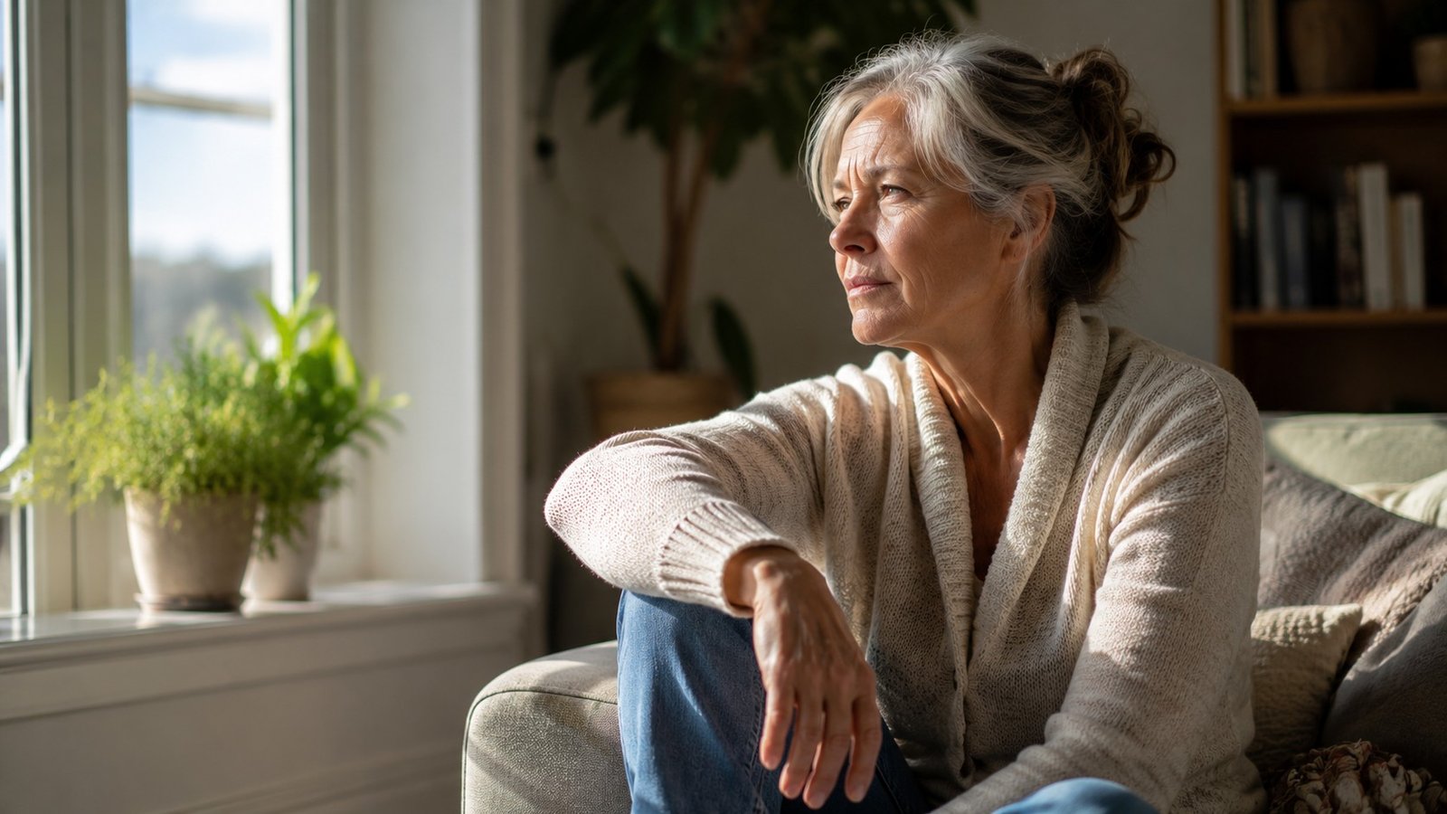 Woman over 55 reflecting on why tracking knee pain progress over 55 is hard to see day to day