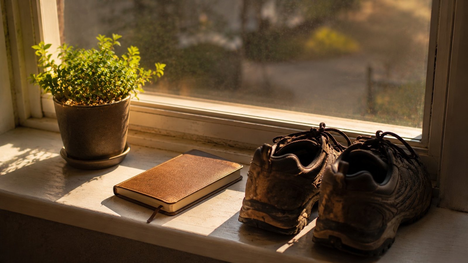 A simple notebook and walking shoes showing a light daily habit for tracking knee pain progress over 55
