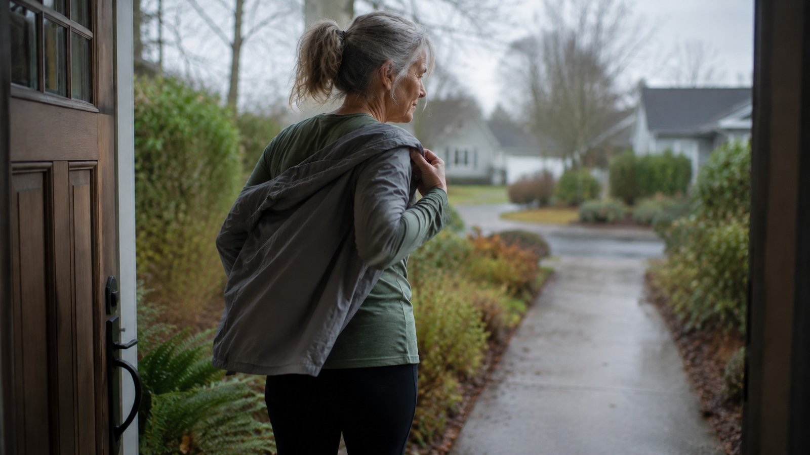 Woman over 55 heading out for a short walk, a no zero days habit for tracking knee pain progress over 55