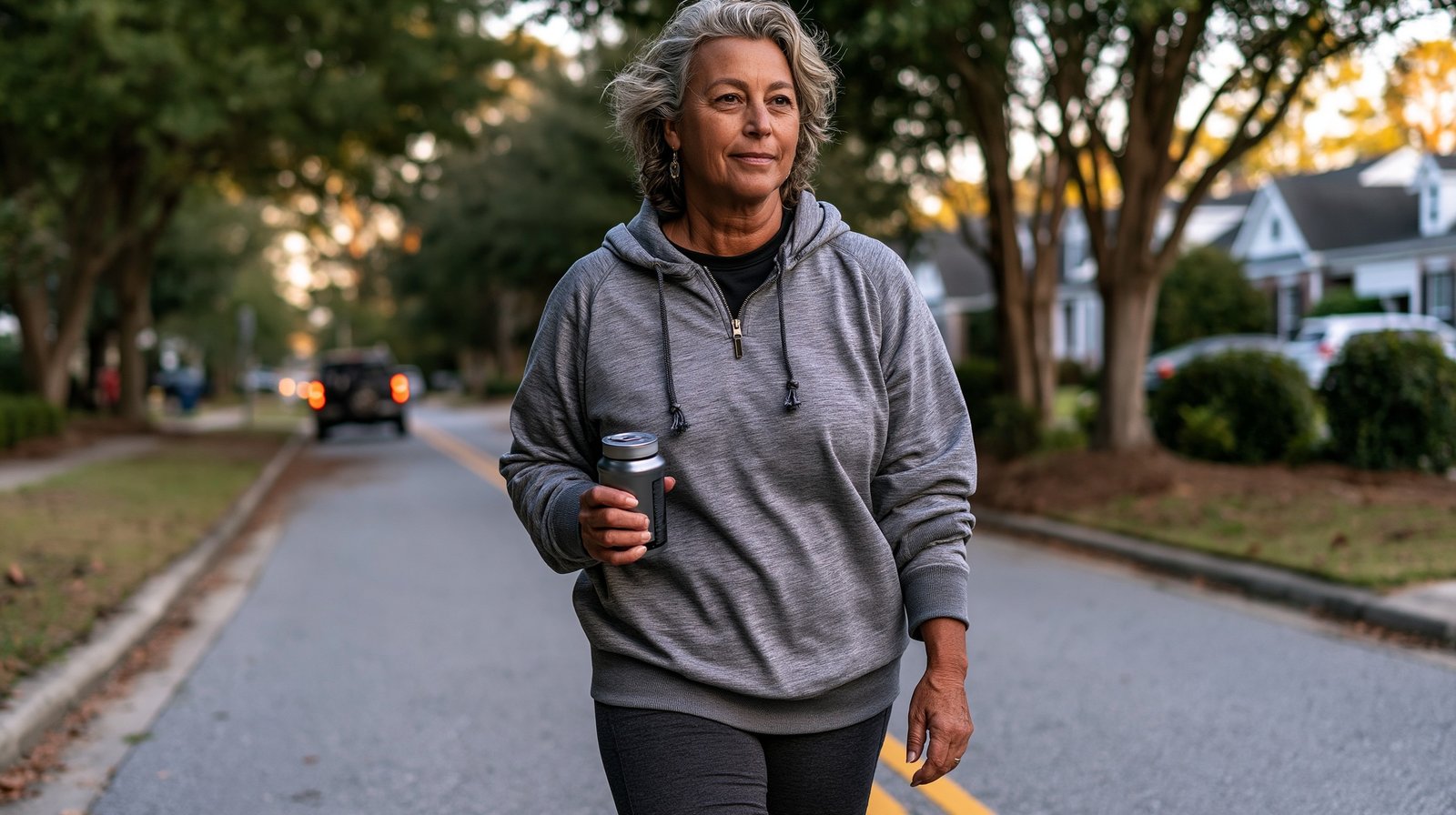 Woman over 55 walking steadily as part of a 90-day walking program for knee arthritis over 55