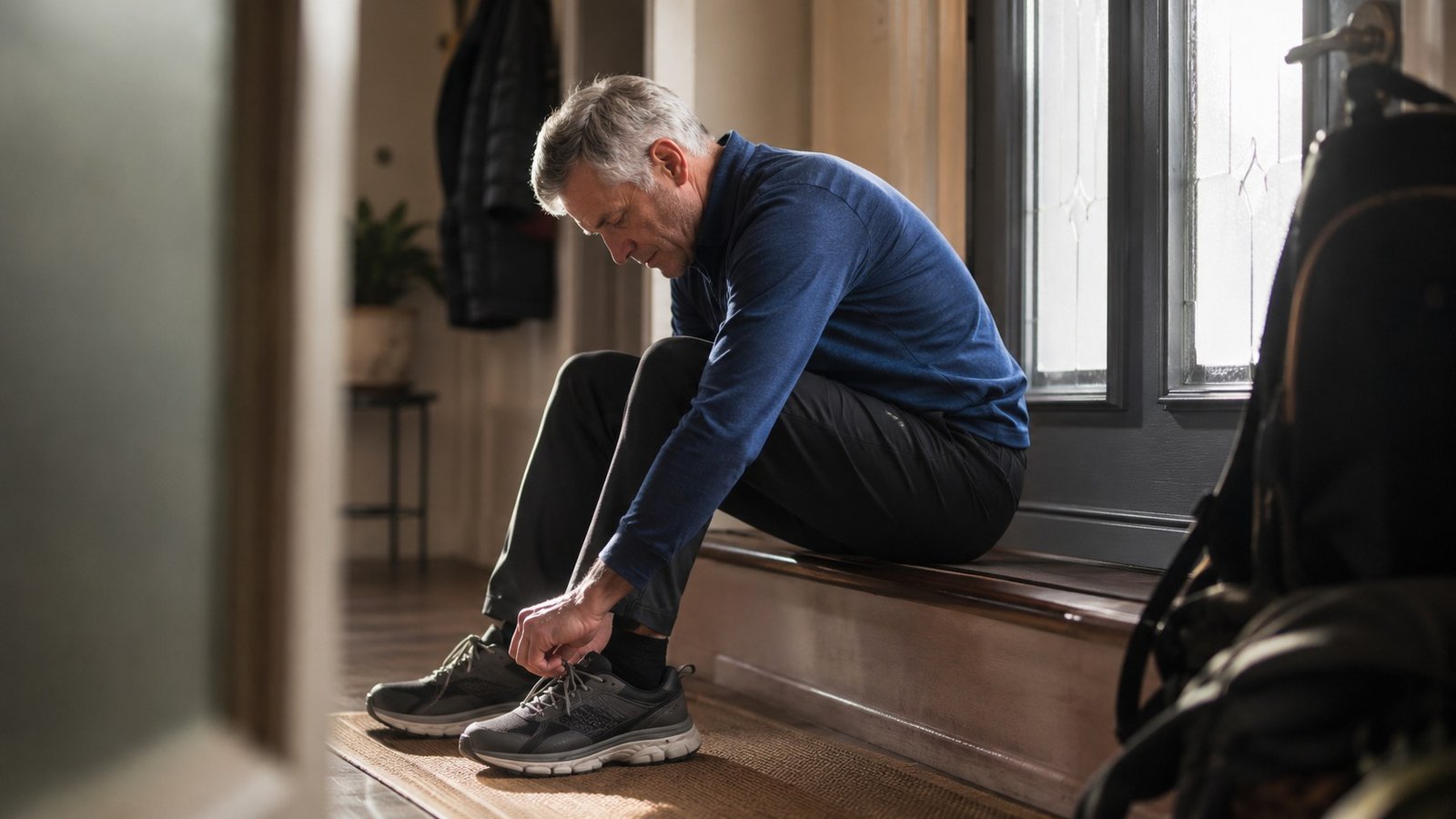 Man over 55 preparing to begin a walking program for knee arthritis over 55 at his front door