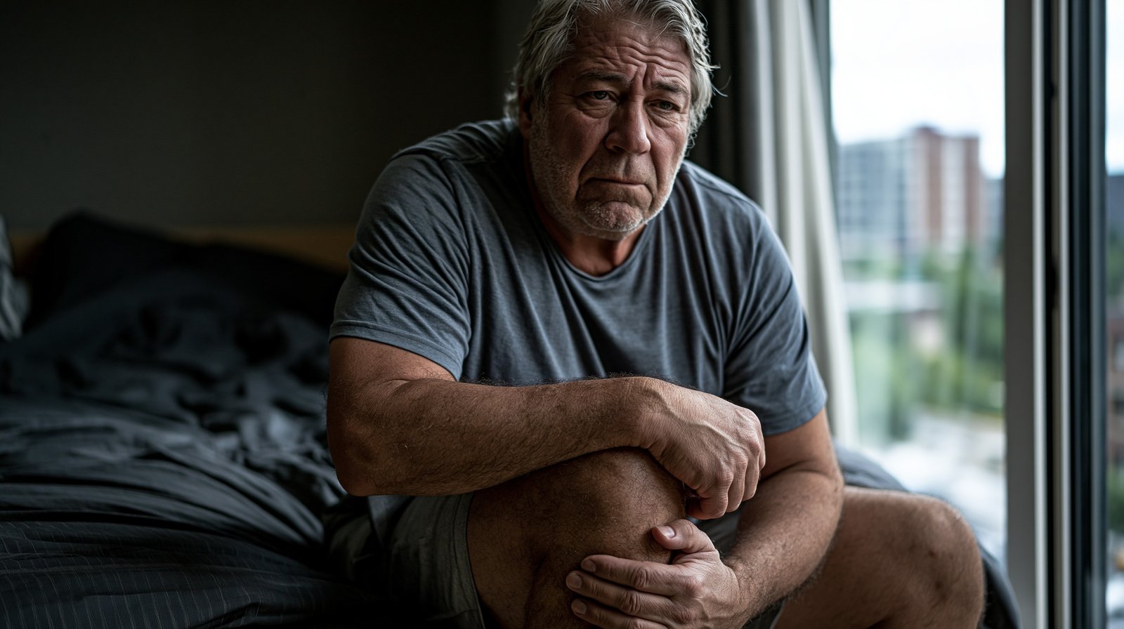 Man over 55 with sore knees after a walking program for knee arthritis that started too fast